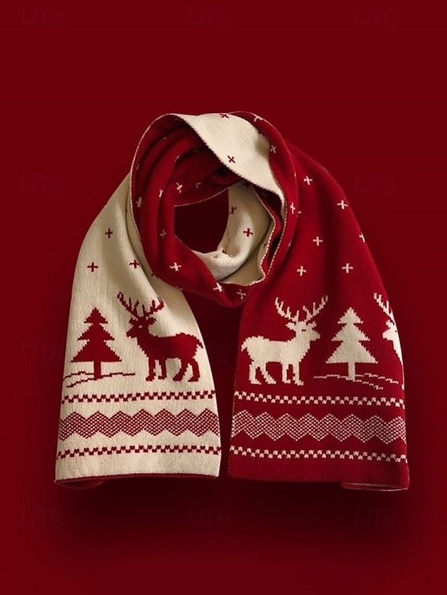 Women's Christmas Reindeer and Tree Print Knitted Scarf in Red and White, Cozy Winter Accessory for Holiday Celebrations
