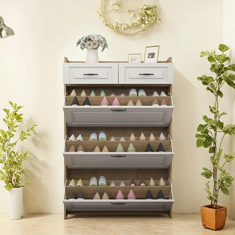1set Narrow Shoe Cabinet With 3pcs Doors And 2pcs Drawers, Wooden Hallway Shoe Cabinet, White Flip-style Shoe Rack