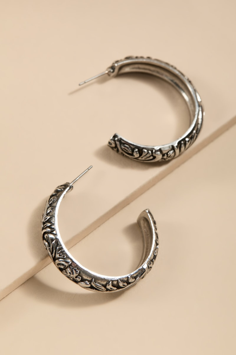Amber Embossed Silver Hoop Earrings