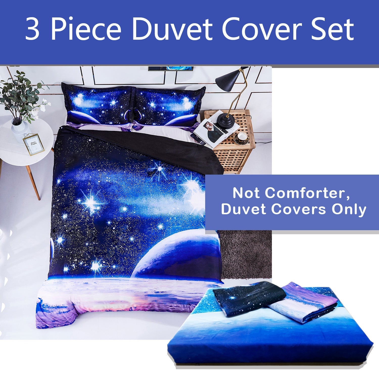 3D Universe Print Duvet Cover Set with Zipper Closure - Machine Washable