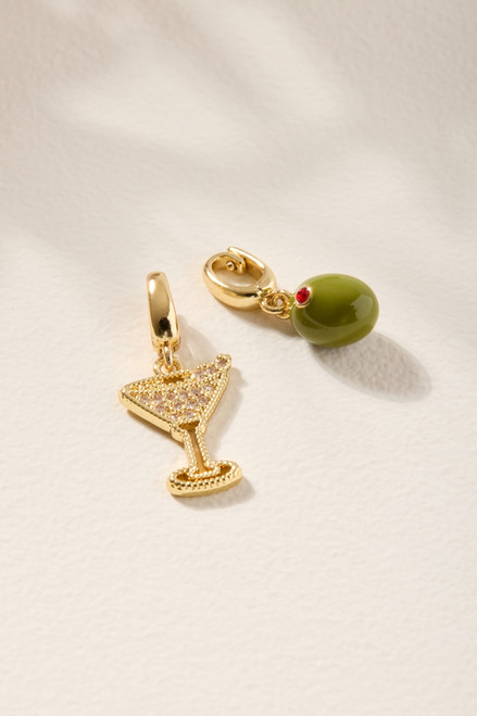Martini Glass and Olive Charm Set Gold