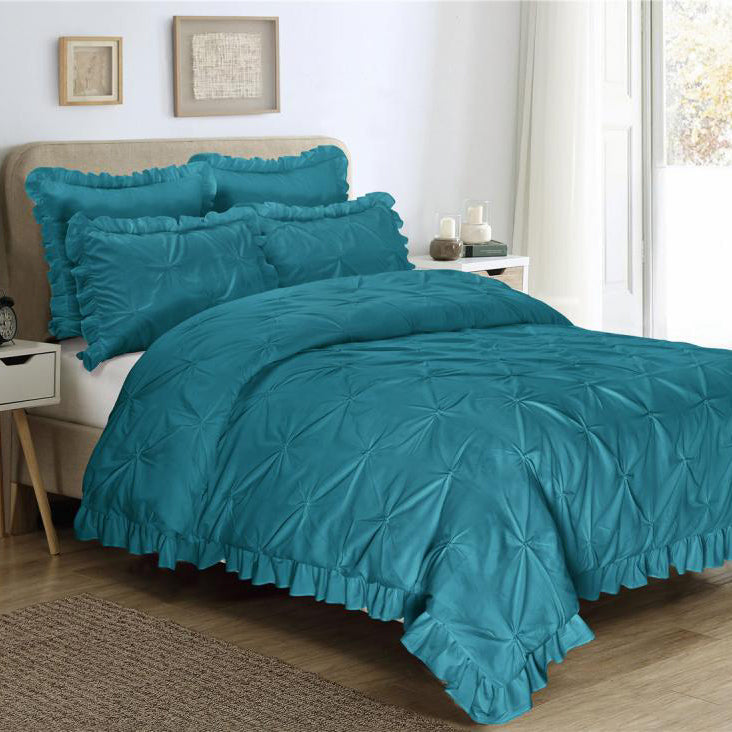 5 Piece Pinch Pleat Scallop Fringe Teal Bedding Comforter Set