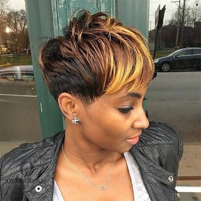 Short Pixie Cut Wigs with Mixed Blonde Brown Bangs Synthetic Mixed Brown Wigs