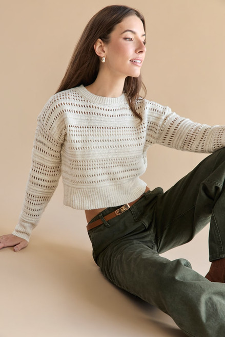 Clarissa Crewneck Pointelle Crop Pullover Ivory