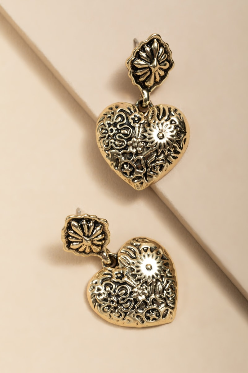Kasey Embossed Vintage Heart Drop Earrings