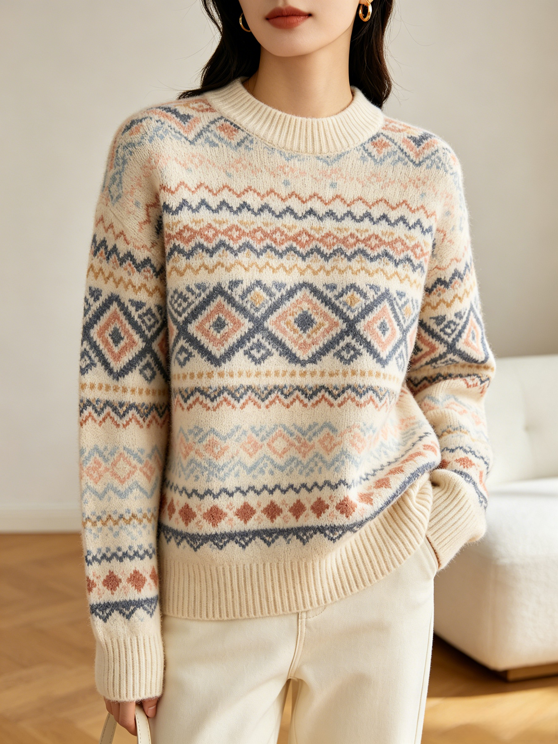 Ribbed Crew Neck Fair Isle Geometric Sweater