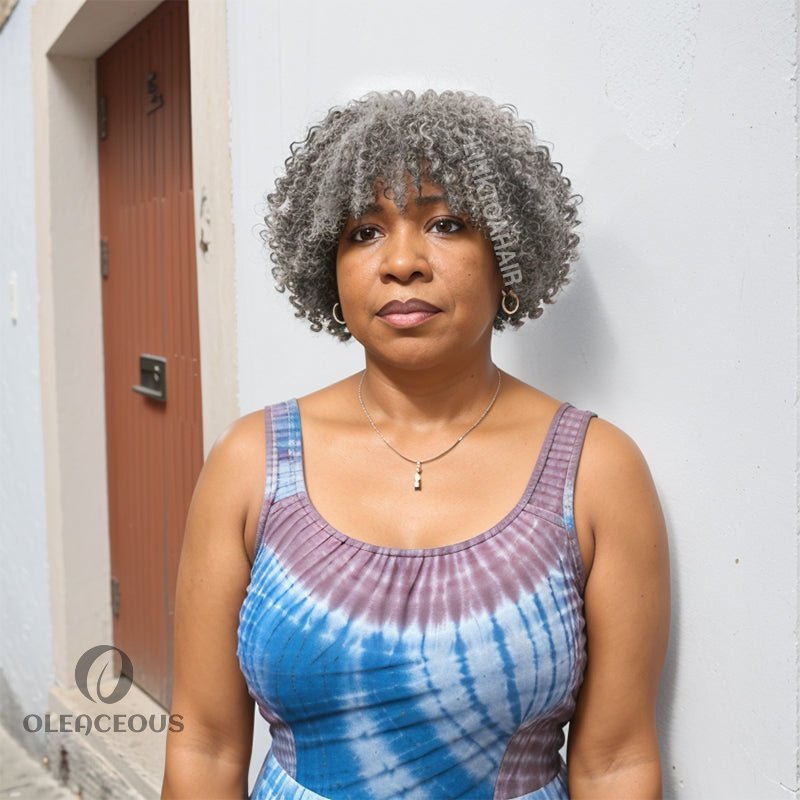 Salt And Pepper Kinky Curly Glueless Bob Wig 100%