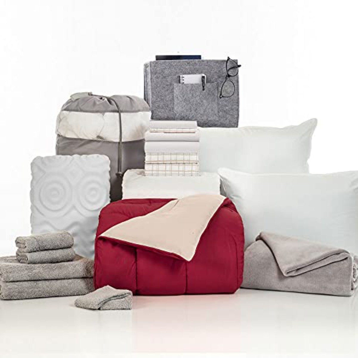 Master Room Essentials 20-Piece Comfort Pak | Twin XL | with Topper, Comforter, Sheets, Towels, Storage & More | Brick and Burgundy | Red and Tan