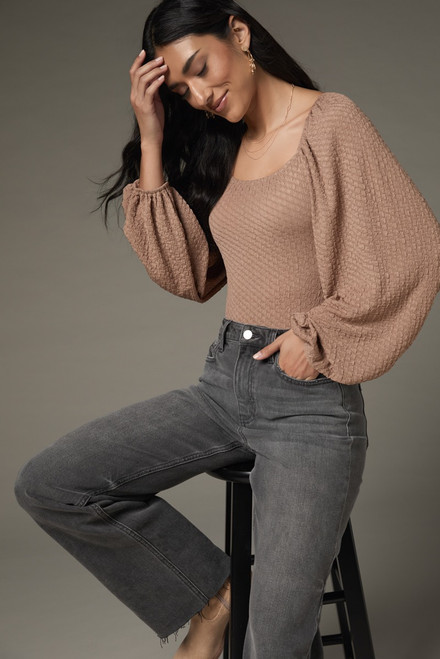 Ethel Puff Sleeve Texured Knit Bodysuit Taupe