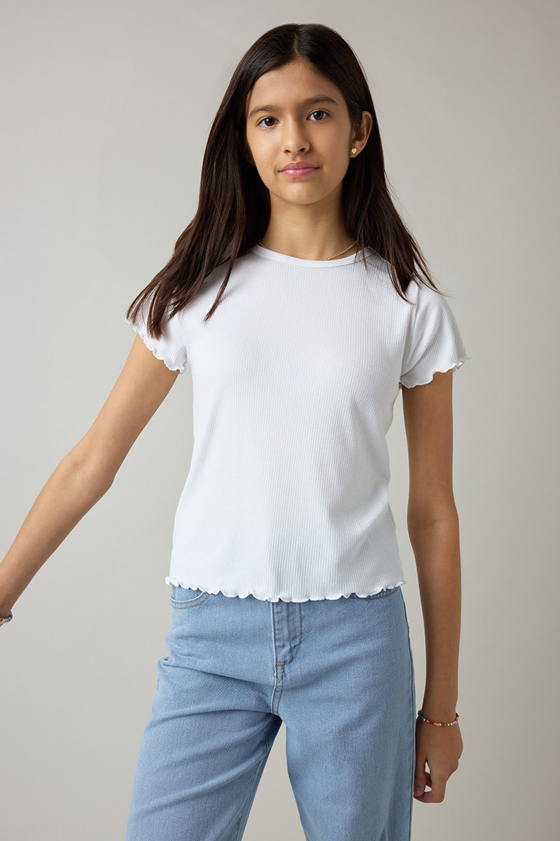 Hello Franki Everly Lettuce Edge Rib Knit T-Shirt for girls White
