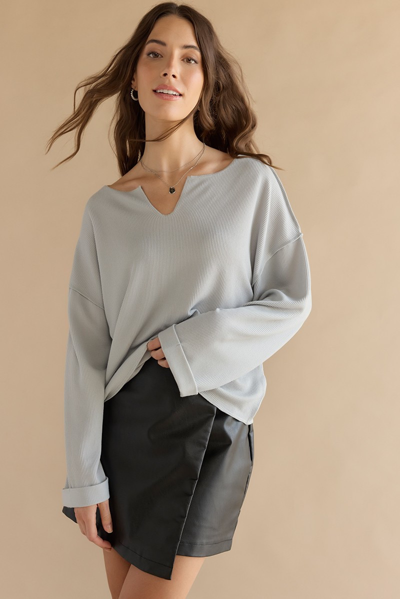 Claire Slouchy Fit Notch Neck Long Sleeve Top Gray