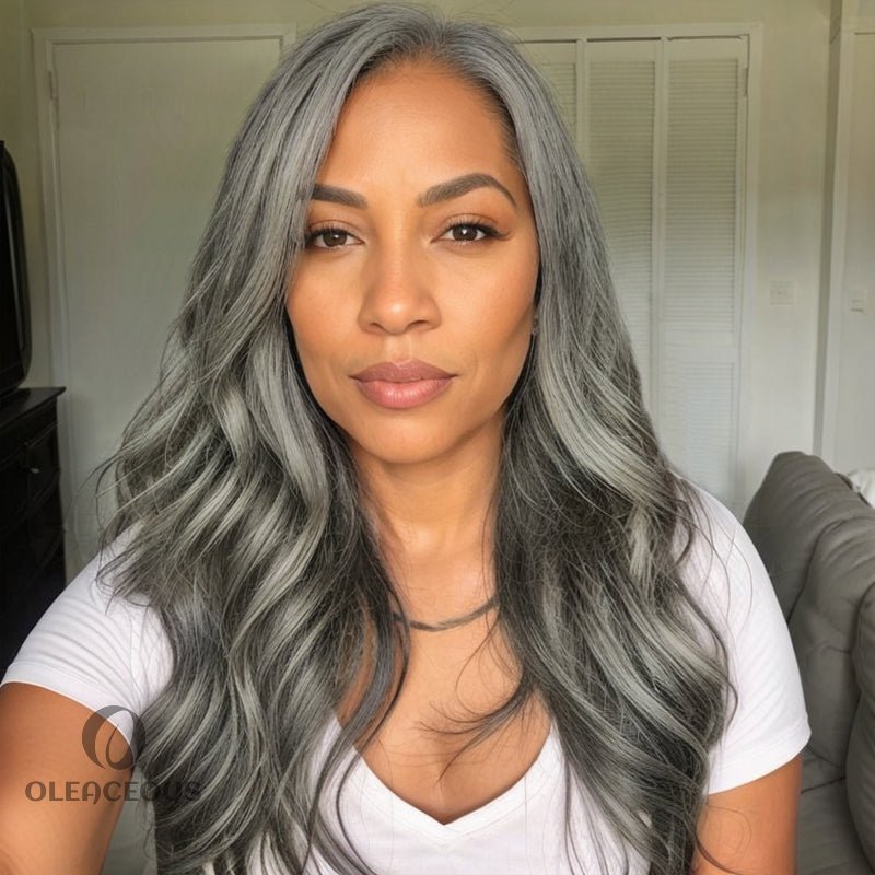 Salt & Pepper Layered Cut | Natural Wavy Curtain Bangs  Hair 5x5 Lace Closure Wig