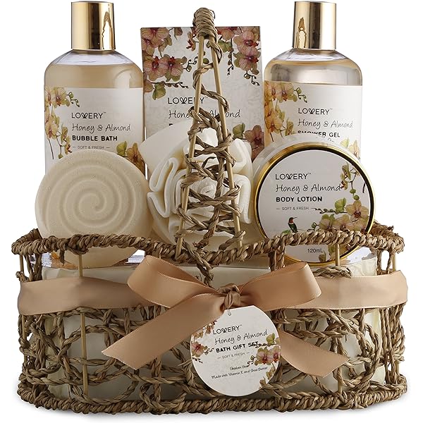 Home Spa Gift Basket - Honey & Almond Scent - Luxury Bath & Body Set For Women and Men With Shower Gel, Bubble Bath, Body Lotion, Bath Salt, Bath Bomb, Bath Puff & Handmade Weaved Basket