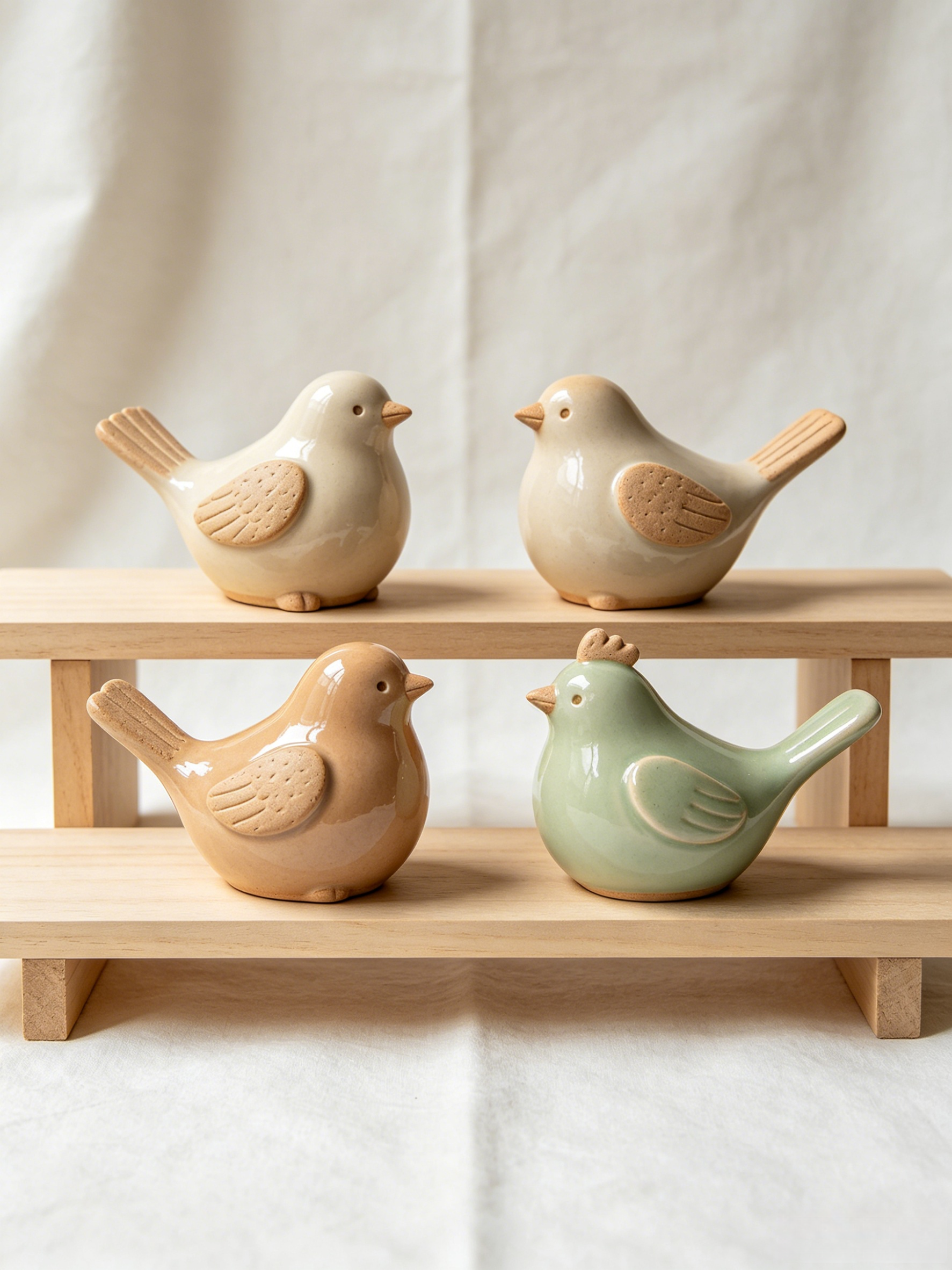 Ceramic Bird Figurines with Unglazed Accents (Set of 4)
