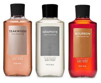 Bath & Body Works 3 Pack 2-in-1 Hair + Body Wash Teakwood, Graphite and Bourbon. 10 Oz.