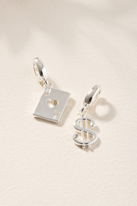Playing Card and Money Sign Charm Set Silver