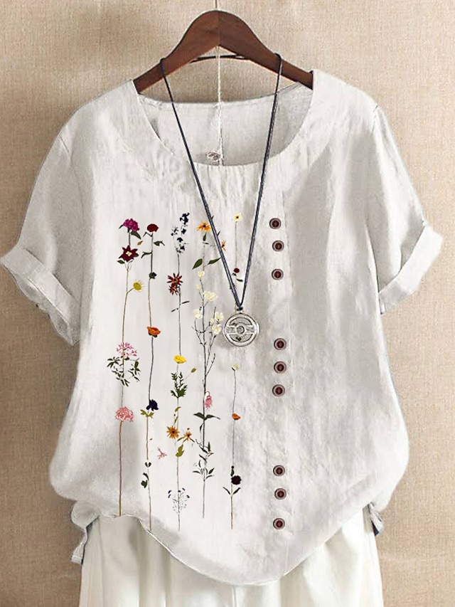 Women's Shirt Blouse White Pink Blue Floral Print Short Sleeve Holiday Casual Round Neck Regular Linen Floral S