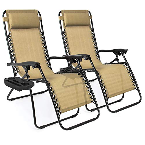 2 Adjustable Steel Mesh Zero Gravity Lounge Chair Recliners w/Pillows and Cup Holder Trays, Beige