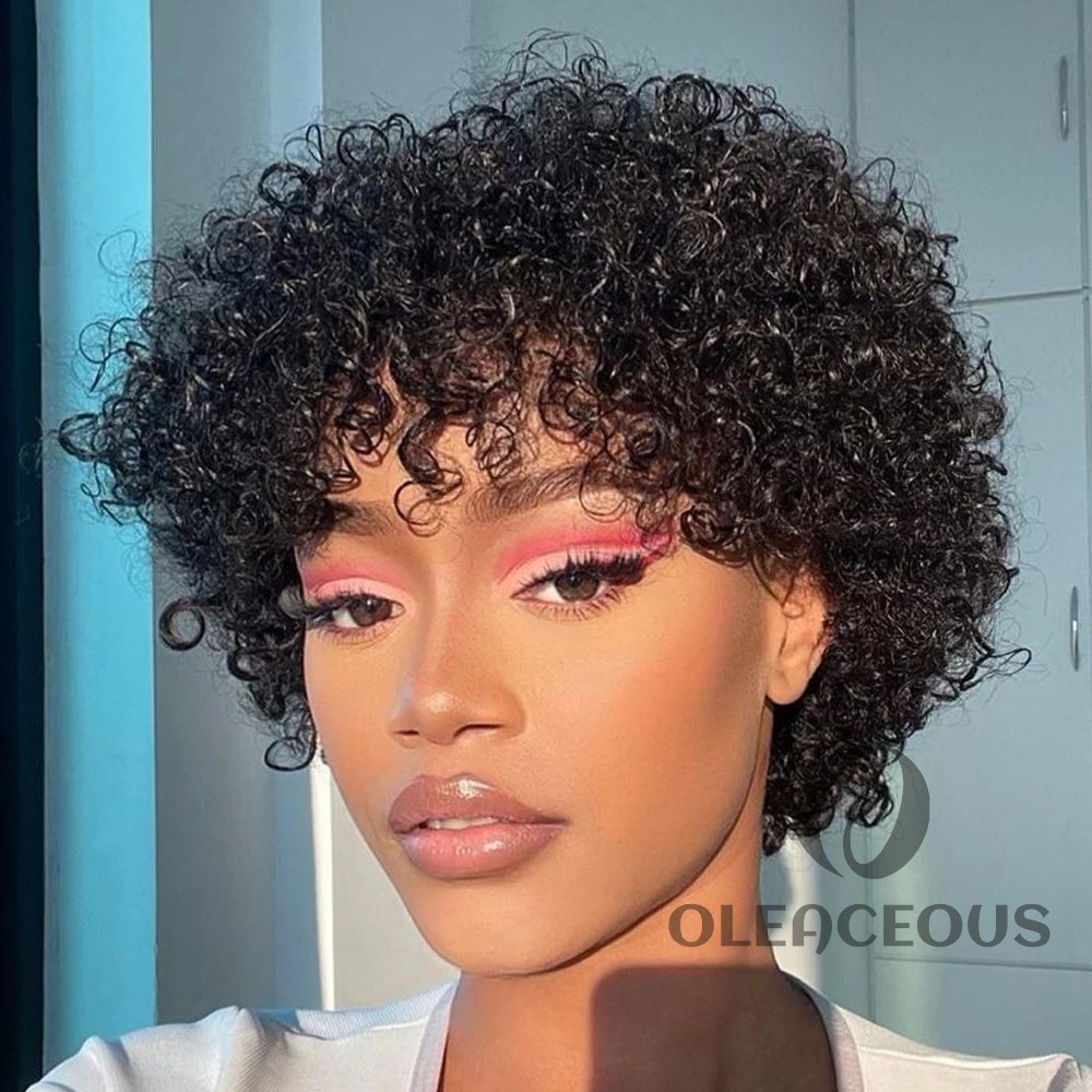 Glueless Fluffy Pixie Cut Short Curly Hair Wigs With Bangs