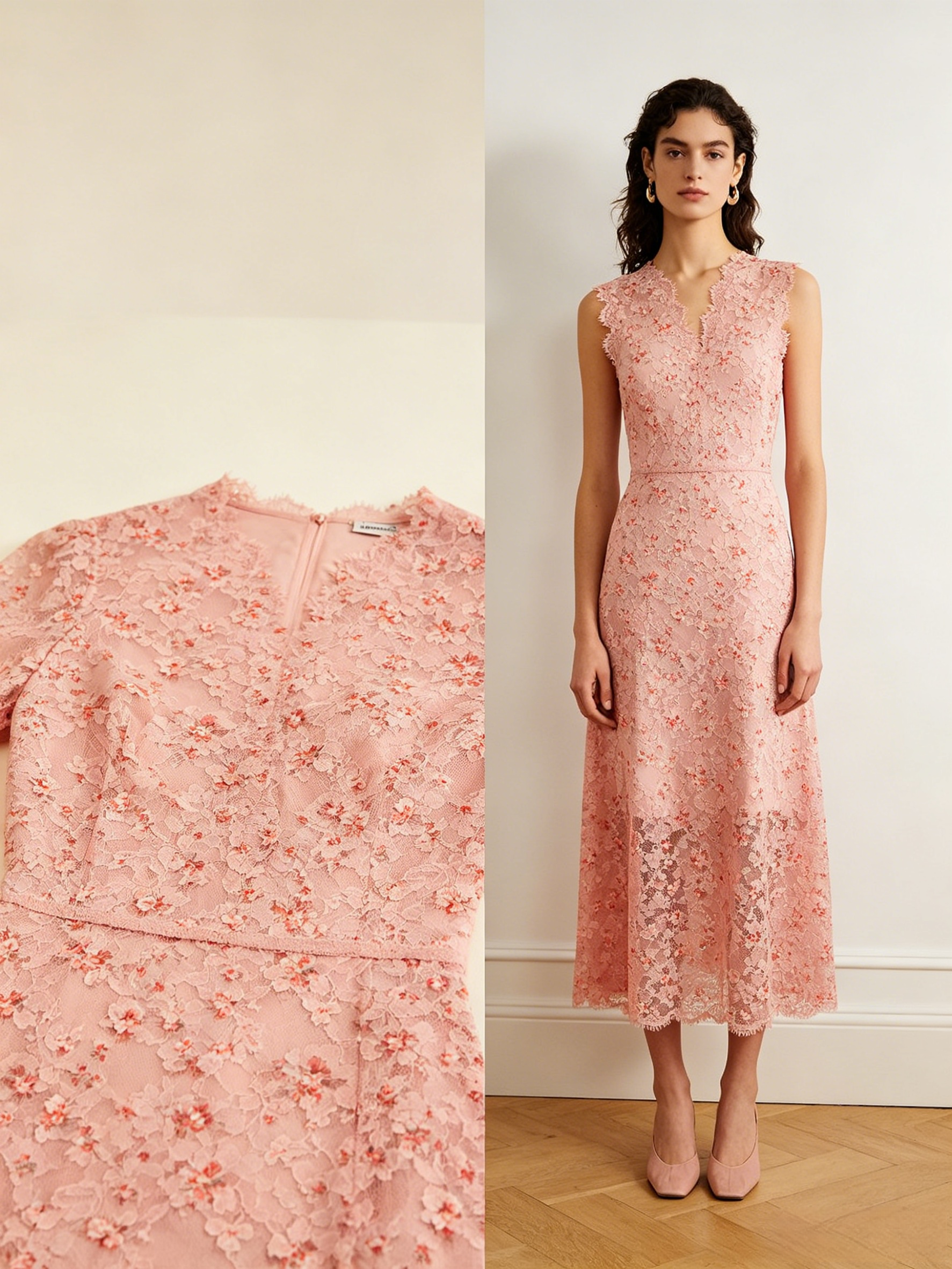 Pink Printed Lace Midi Dress