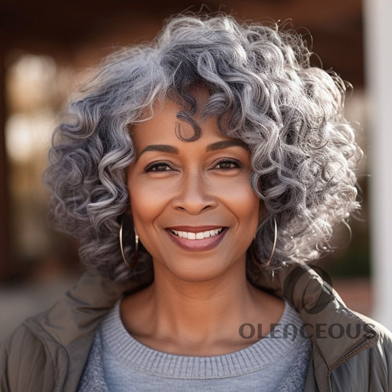 Custom Seniors Salt & Pepper Wig Loose Curly Bob Silver Grey  Hair Glueless Wigs For Women