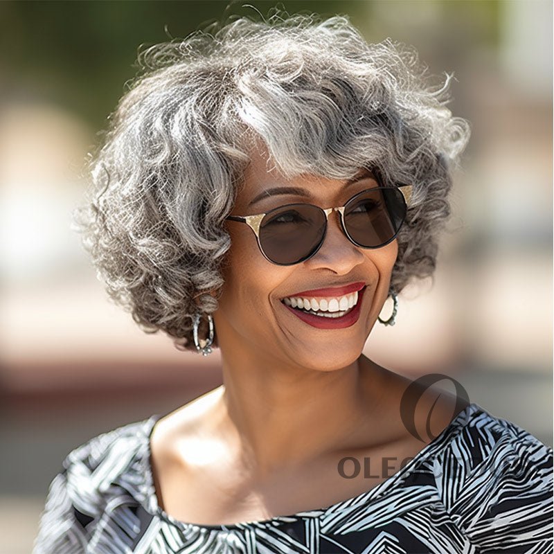Custom Seniors Salt & Pepper Wig Loose Curly Bob Silver Grey  Hair Glueless Wigs For Women