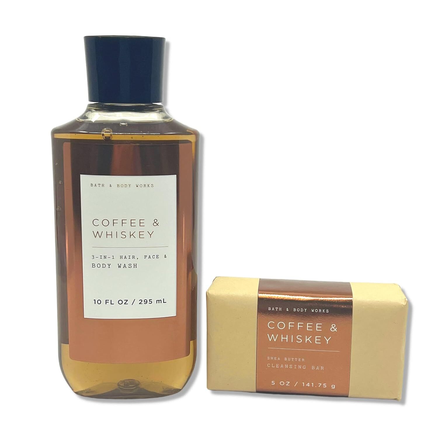 Bath & Body Works Coffee & Whiskey - 2 pc bundle - 3-in-1 Hair, Face & Body Wash 10oz - Cleansing Bar 5oz