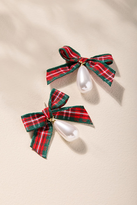 Mia Plaid Bow Pearl Drop Earrings