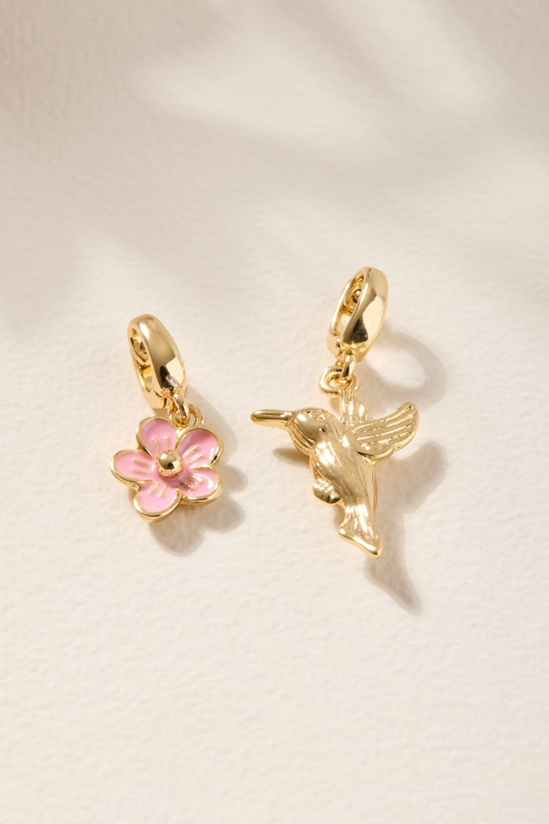 Humming Bird and Flower Charm Set Gold