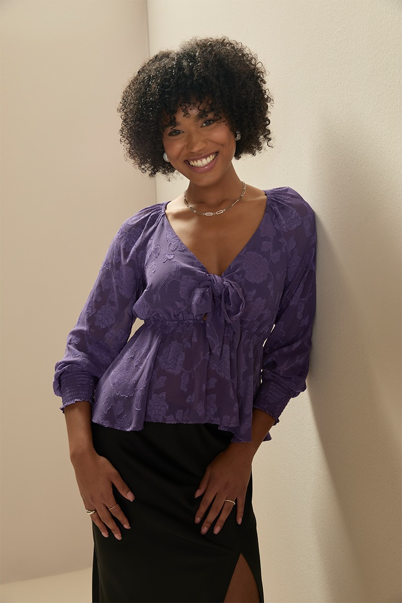 Tracy Tie Front Jacquard Long Sleeve Blouse