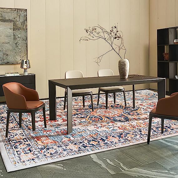 Machine Washable Rug 8’x10′ Vintage Design Washable Area Rugs with Non Slip Rugs for Living Room Bedroom Traditional Woven Rug Carpet Stain Resistant Dining Home Office Boho Rug, Blue Yellow