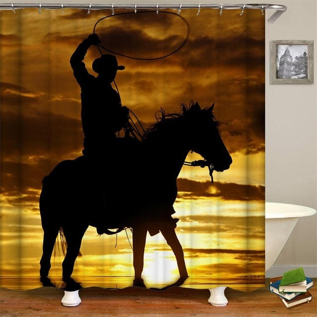 Vintage Western Shower Curtain Art of Cowboy Riding Horse Towards Sunset High Quality Waterproof Curtain For Bathroom with Hooks