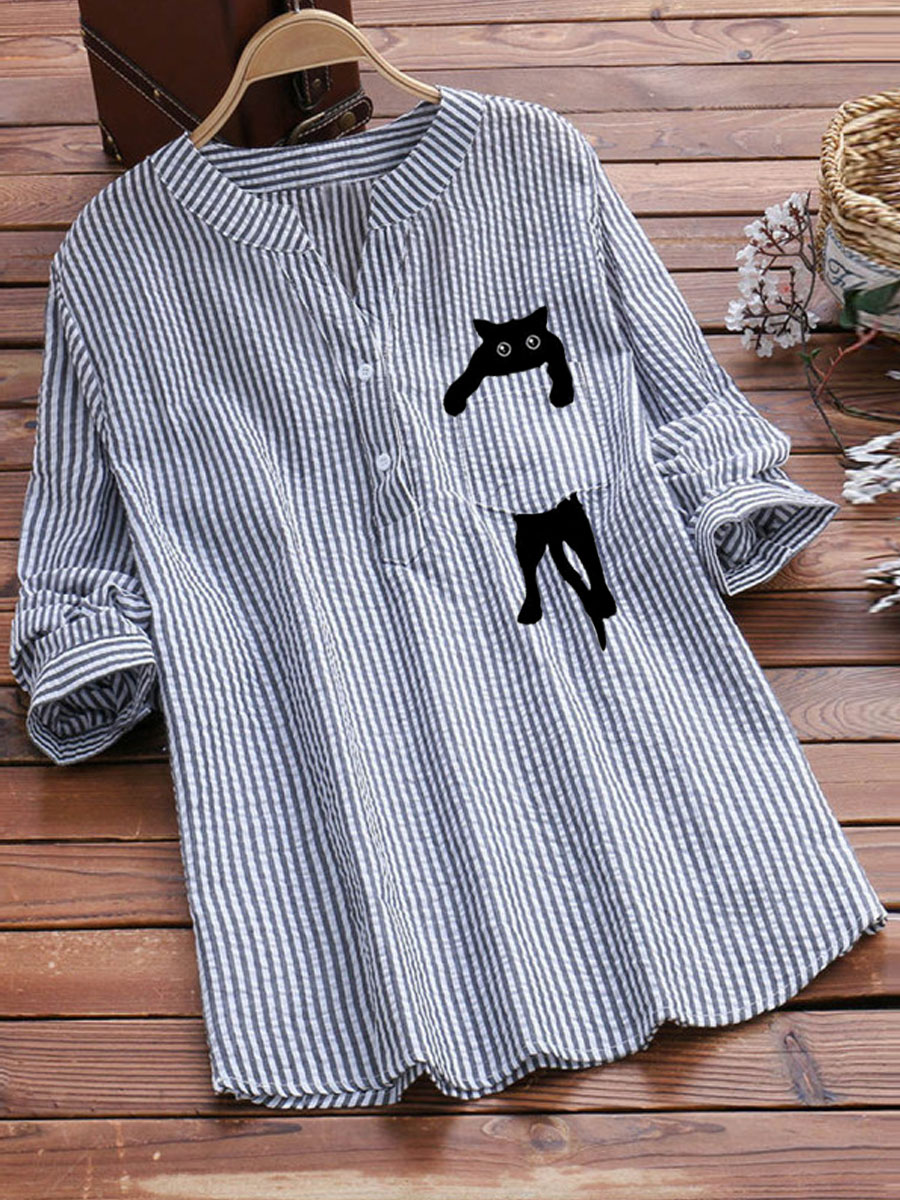 V-neck Cotton And Linen Striped And Cat Print Long Sleeve Blouse