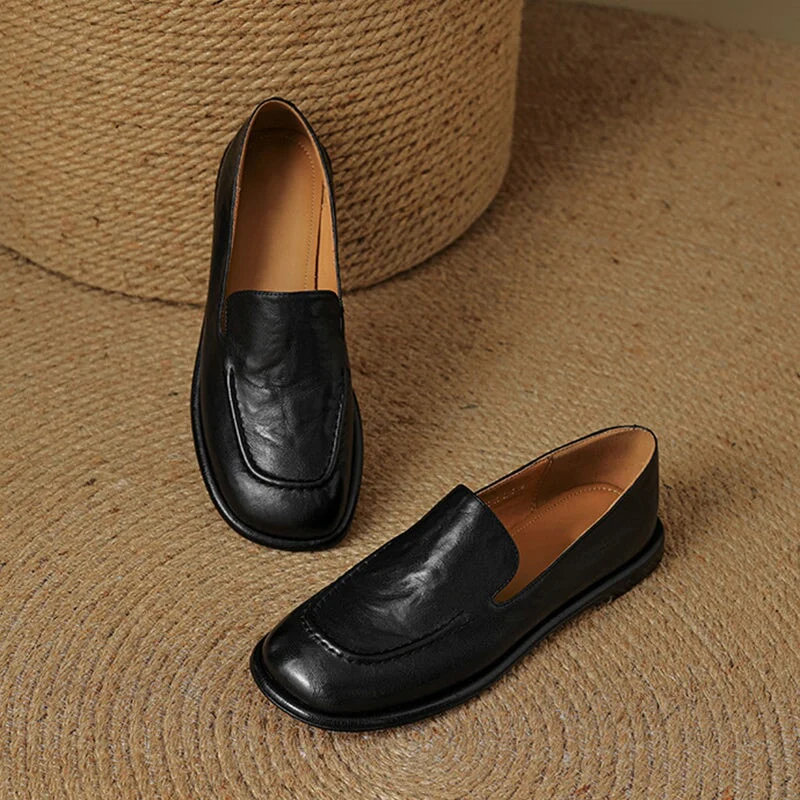 British Style Women Flats Slip On Leather Loafers in Brown/Coffee/Black