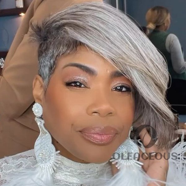 2026 Summer NEW Glueless Short Pixie Cut Salt and Pepper Sliver Grey Wig with bang