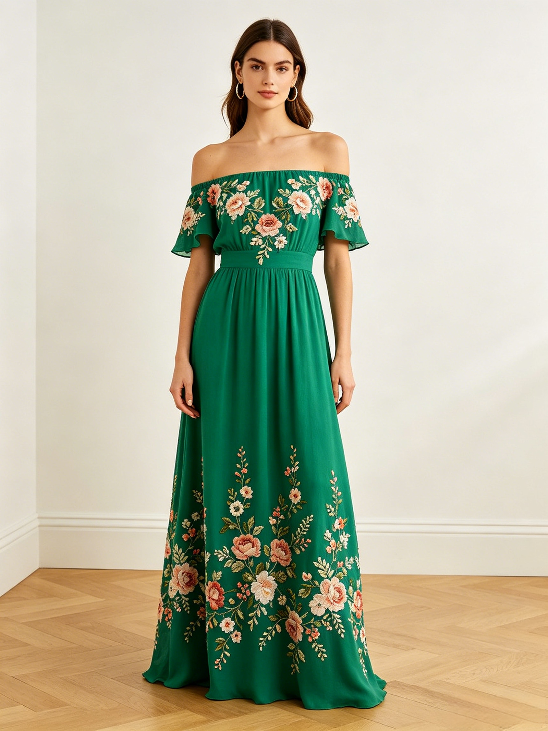Green Floral Applique Off Shoulder Maxi Dress