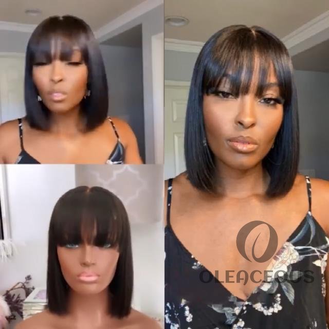 -Glueless Short Bob Wig With Bangs Straight Brazilian Hair Wigs