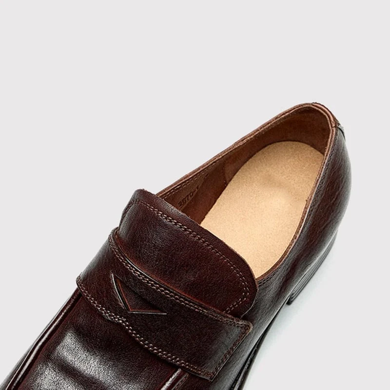 Women's Handmade Vintage Horse Leather Round Toe Slip-On Penny Loafers in Black/Coffee