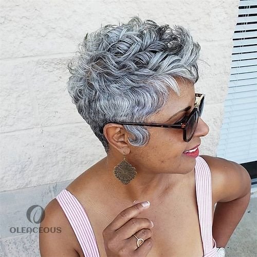Salt & Pepper Gray Cute Short Wig Glueless Pixed Cut Super Short Curly Wave Wig