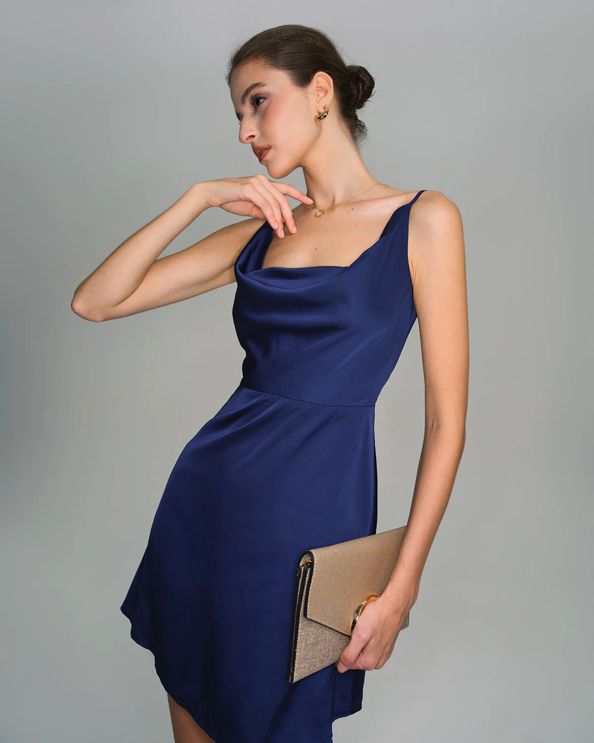 Navy Satin Cowl Neck Slip Mini Dress