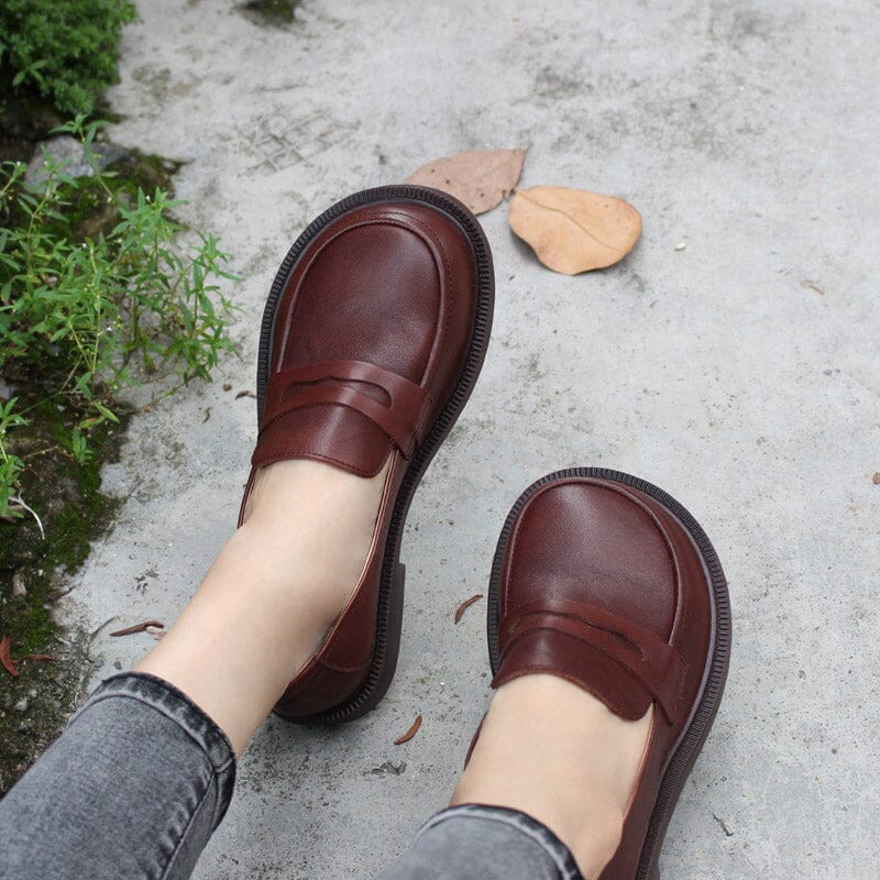 Wide Fit Big Toe Full Grain Leather Penny Loafers Handmade Uniform Shoes in Black/Coffee