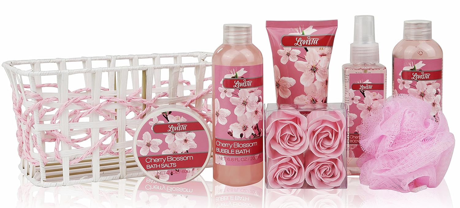 Christmas Spa Bath and Body - Spa Gift Baskets for Women & Girls, Cherry Fragrance, Spa Birthday Gift Includes Loofah Sponge, Bath Salt, Body Lotion, Soap Rose, Body Mist, Shower Gel Bubble Bath