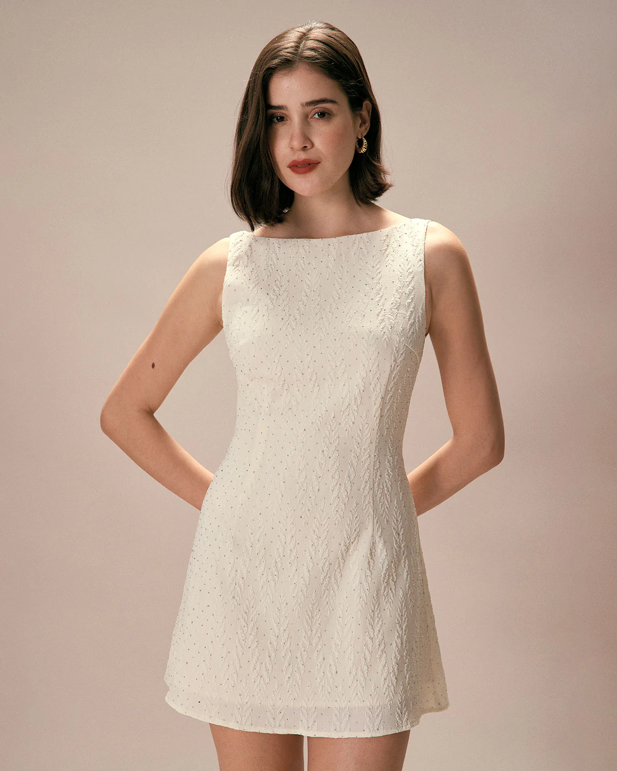 The Beige Boat Neck Textured Mini Dress