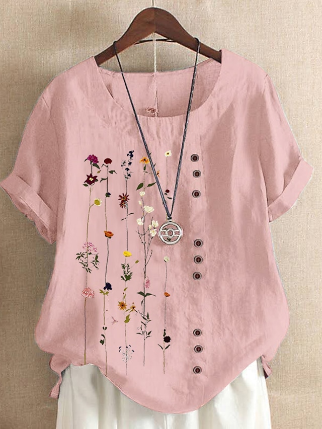 Women's Shirt Blouse White Pink Blue Floral Print Short Sleeve Holiday Casual Round Neck Regular Linen Floral S