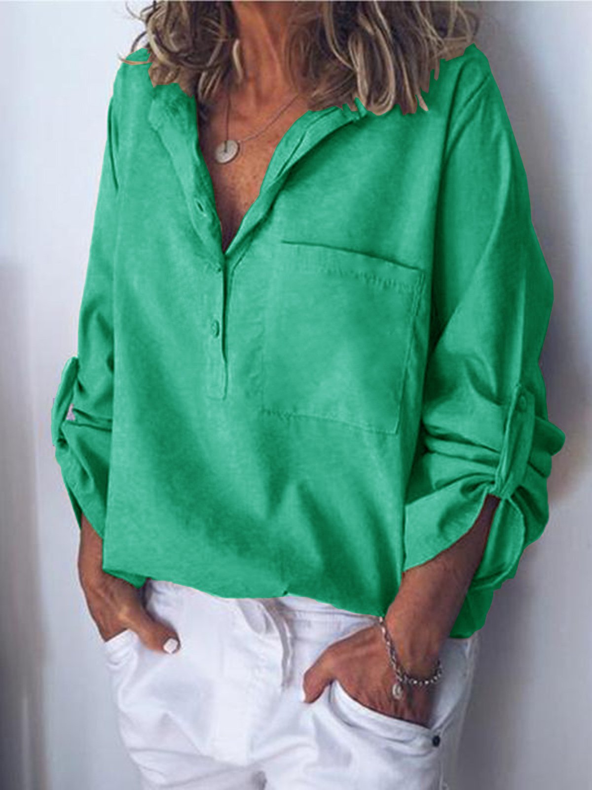 Women's Cotton Linen V-Neck Fashion Commuter Casual Shirt