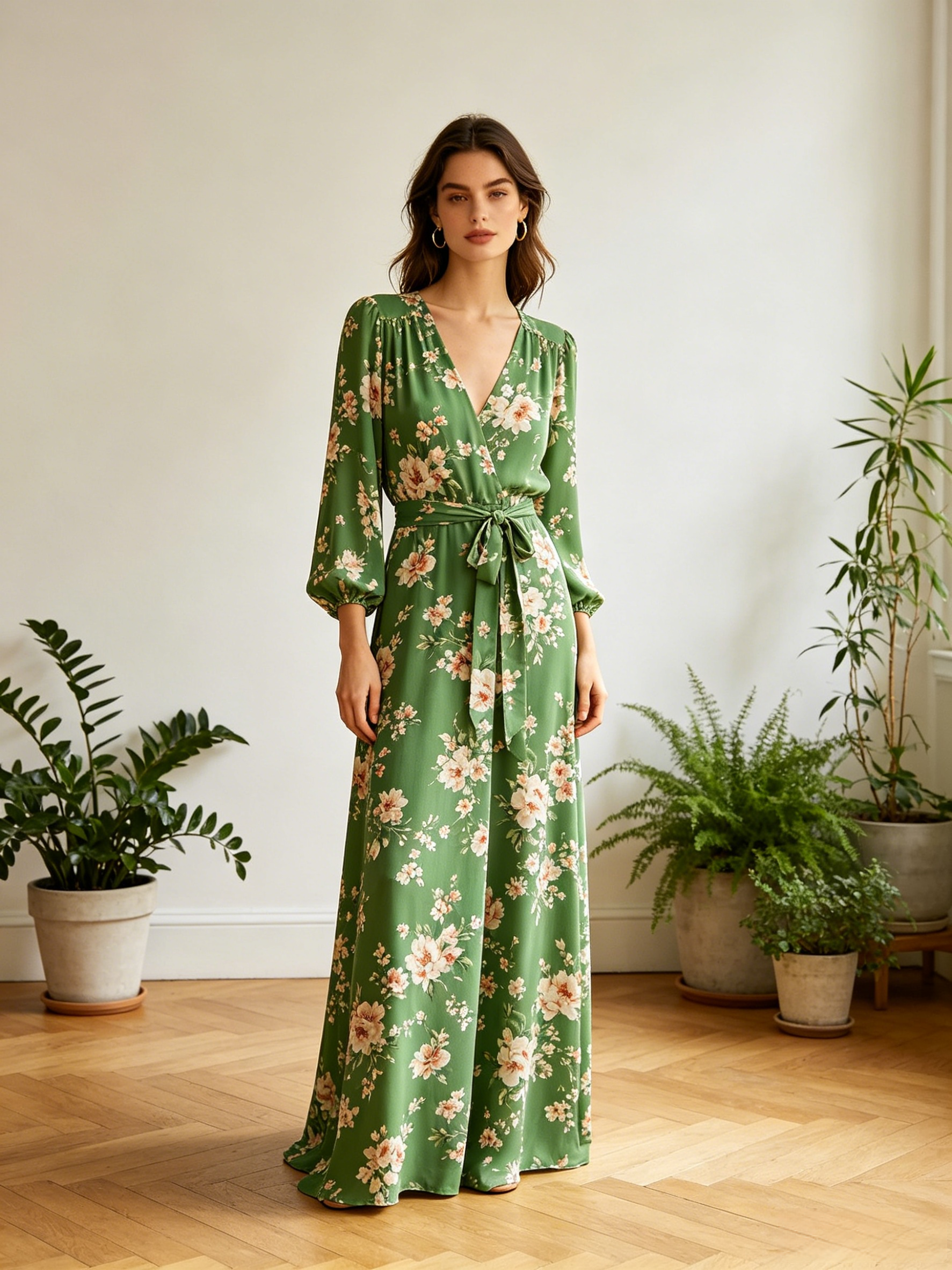 Picturesque Moments Green Floral Print Belted Maxi Dress