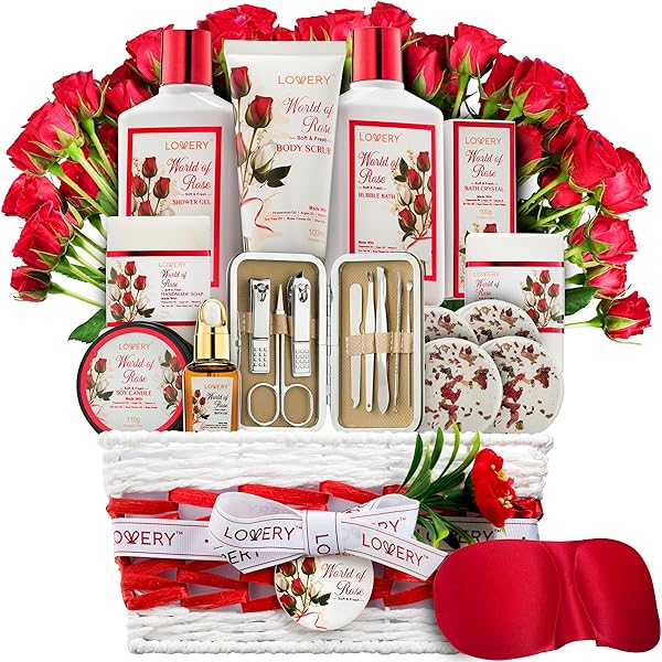 Christmas Gifts, Spa Gifts for Women, Bath and Body Gift Set, Red Rose Gift Basket, 35Pc Stress Relief Spa Kit, Thank You, Birthday, Mom - Nail Care Kit, Body Scrub, Bubble Bath, Bath Bomb & More