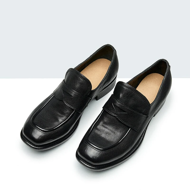 Women's Handmade Vintage Horse Leather Round Toe Slip-On Penny Loafers in Black/Coffee
