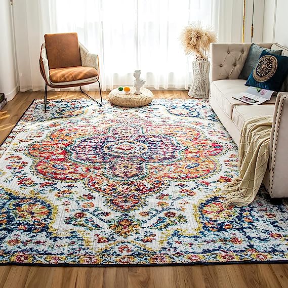 Machine Washable Rug 8’x10′ Vintage Design Washable Area Rugs with Non Slip Rugs for Living Room Bedroom Traditional Woven Rug Carpet Stain Resistant Dining Home Office Boho Rug, Blue Yellow