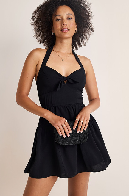 Tatum Tie Front Black Halter Mini Dress